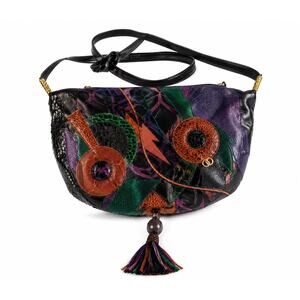 Vintage Carlo Fiori Italian Patchwork Exotic Skin Leather Shoulder Bag Tassel